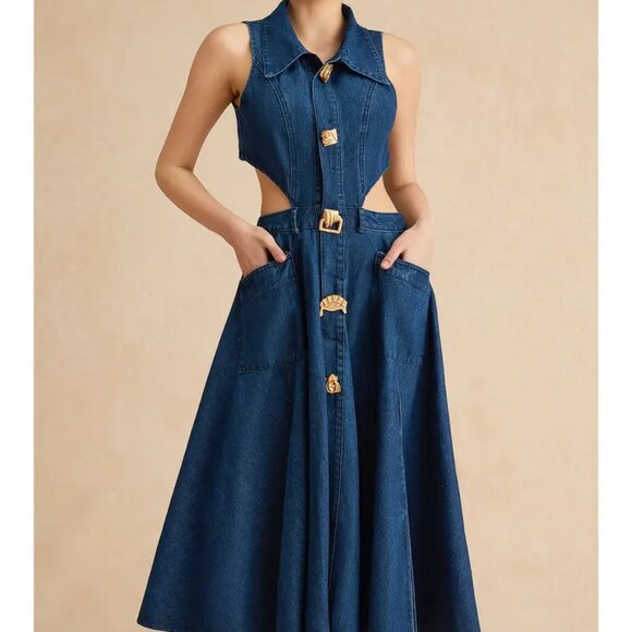 Cutout Waist Slit Hem Sleeveless Denim Dress - Picture 6 of 8